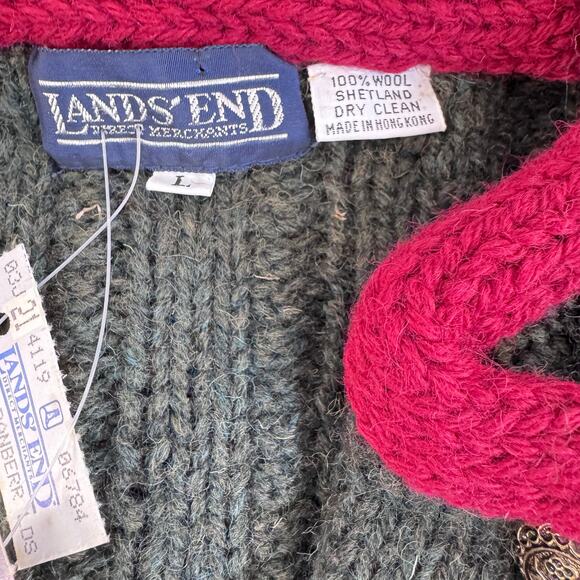 Lands’ End Vintage Shetland Wool Cardigan Green Pink Trim Cable Knit Jacket L - Picture 5 of 7